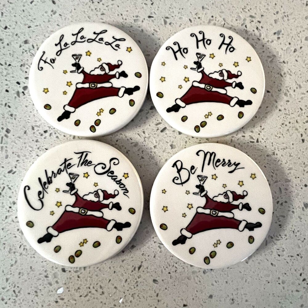 Bella Casa Ganz Santa Christmas Ceramic Coasters  3.5" Dia. Rubber Feet Vintage